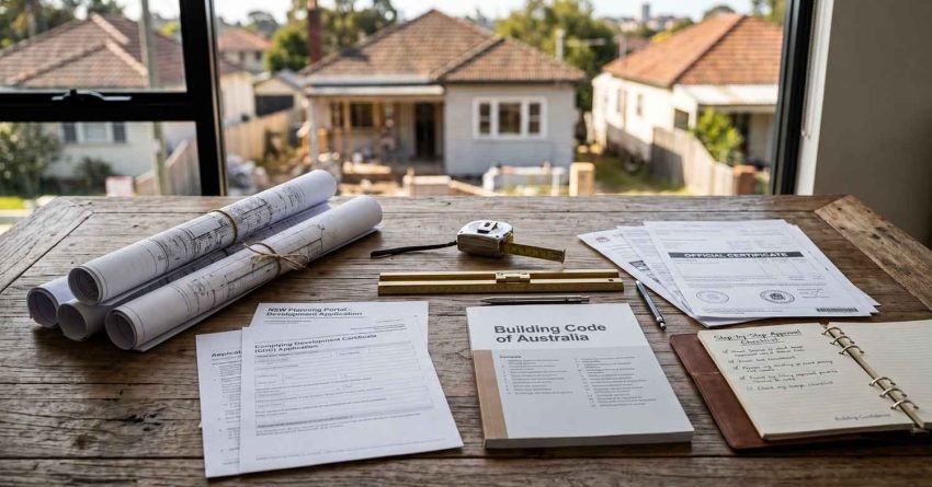 Building plans, Building Code of Australia documents, permits, and construction paperwork on a wooden table overlooking a residential home renovation project