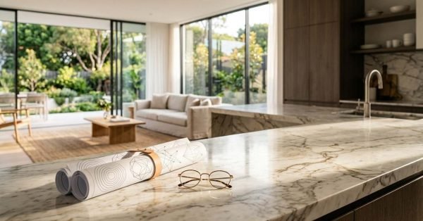 Rolled architectural drawings secured with a leather strap beside eyeglasses on a marble island in an open-concept luxury home overlooking a garden patio
