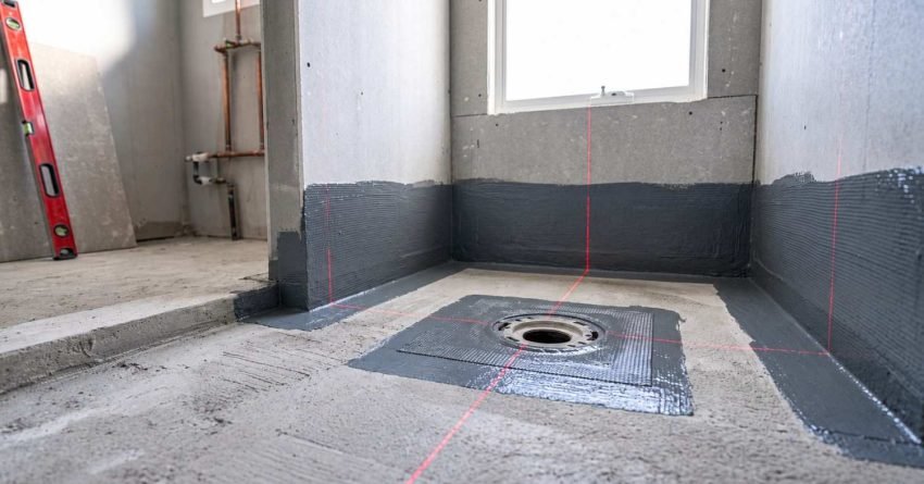 Laser level lines projected over a shower drain flange and liquid waterproofing membrane tanking on cement backer board during shower construction