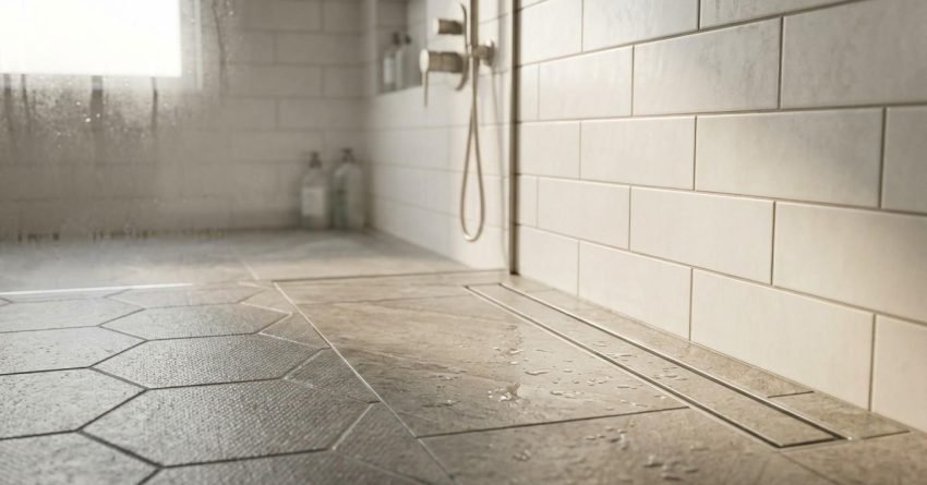Textured grey hexagon floor tiles transition to rectangular stone tile with a tile-insert linear drain next to a white subway tile shower wall