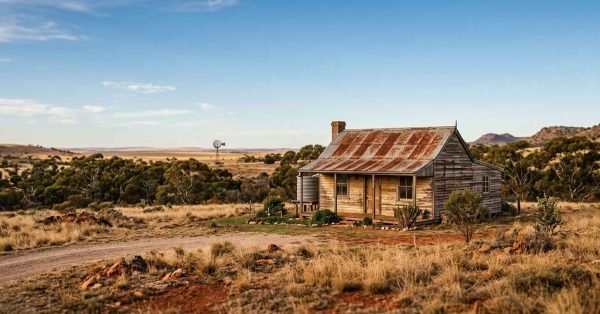 A weathered, rustic timber cottage with a rusted corrugated iron roof, rainwater tank, and front veranda in an arid Australian outback landscape with a distant windmill