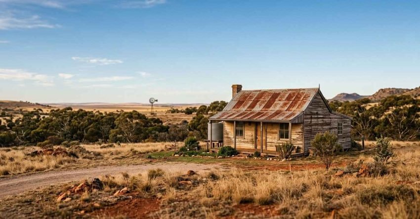 A weathered, rustic timber cottage with a rusted corrugated iron roof, rainwater tank, and front veranda in an arid Australian outback landscape with a distant windmill