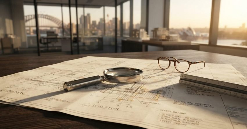 Architectural blueprints detailing structural integrity plans with a magnifying glass, scale ruler, and eyeglasses on a wooden office desk overlooking Sydney Harbour at sunset