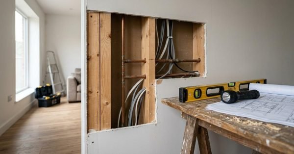 Drywall inspection cutout revealing interior timber stud framing, copper water pipes, and electrical wiring conduit beside a spirit level, LED flashlight, and architectural blueprints on a timber trestle bench