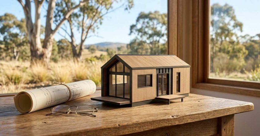 A miniature architectural scale model of a modern timber tiny house with a gable roof, large glass windows, and a front deck, set on a rustic wooden table beside rolled blueprints and wire-rim eyeglasses with a scenic rural landscape visible through the window