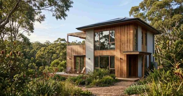 A two-story contemporary passive house featuring vertical timber cladding, rooftop solar panels, a wooden sun deck, and native landscaped garden set against dense Australian bushland