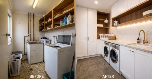 Before and after laundry room renovation featuring outdated utility space transformed into a modern laundry room with custom white cabinetry, quartz countertops, and built-in storage