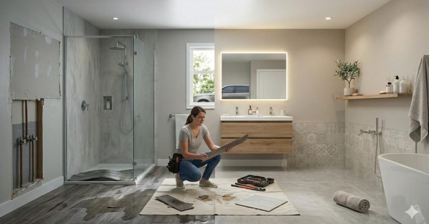 bathroom flooring to avoid including laminate hardwood and carpet showing water damage and moisture issues