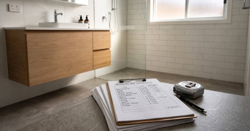Modern bathroom renovation with floating wood vanity, walk-in glass shower, bathroom cost estimate checklist, and tape measure for residential remodeling project