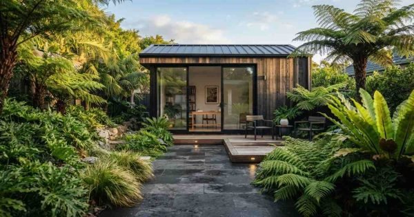A contemporary detached timber studio pod with a metal roof and sliding glass doors, featuring an illuminated patio deck and slate path framed by lush tropical ferns and palm trees