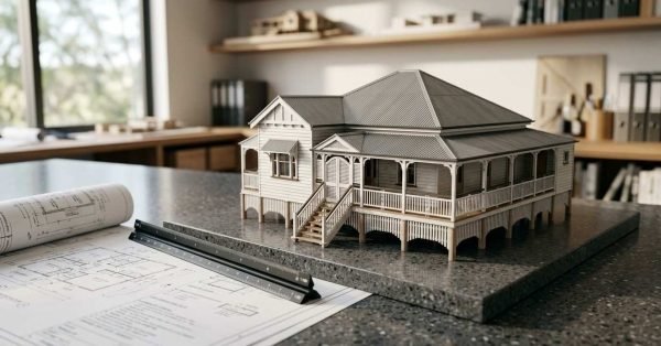 A detailed architectural scale model of a classic Queenslander-style house on stumps with wraparound verandahs, set on a granite slab beside rolled blueprints and a triangular scale ruler