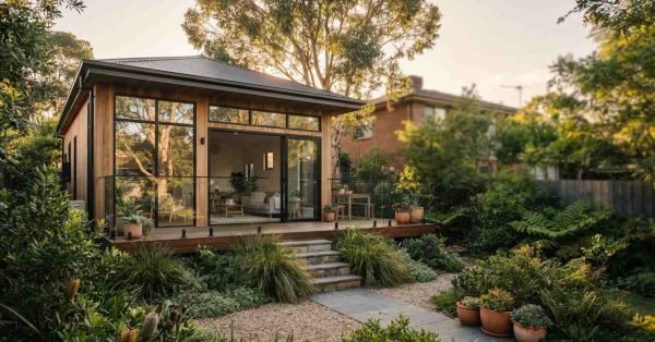 A contemporary detached timber granny flat with floor-to-ceiling glass sliding doors and an elevated timber deck set within a lush, landscaped garden with stone pathway steps