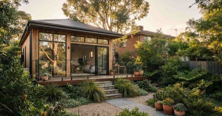 A contemporary detached timber granny flat with floor-to-ceiling glass sliding doors and an elevated timber deck set within a lush, landscaped garden with stone pathway steps