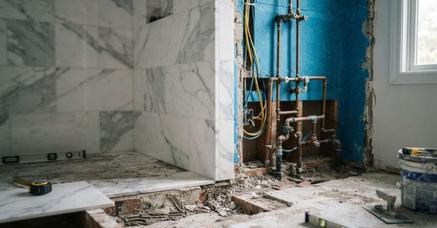 A bathroom under renovation showing white veined marble shower tiling in progress next to exposed rough-in copper plumbing pipes, electrical wiring, and blue waterproof backer board on a concrete subfloor with tiling tools