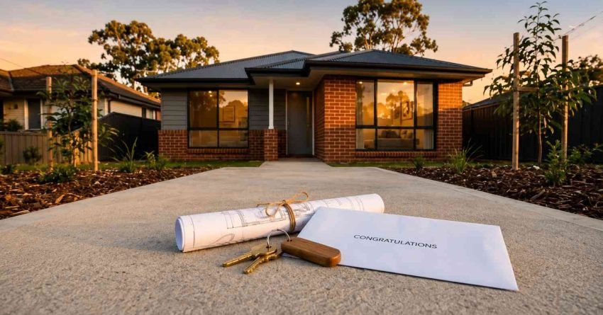 Newly built modern home with occupation certificate, house keys, and architectural plans on the driveway