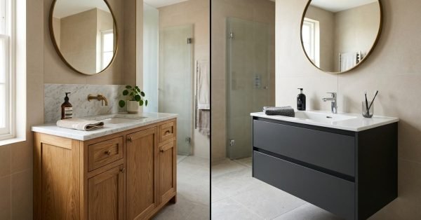 A split-image comparison of bathroom vanity styles, featuring a traditional freestanding light oak vanity with a marble top and brass wall faucet on the left, and a modern floating matte charcoal vanity with an integrated white basin and chrome tap on the right