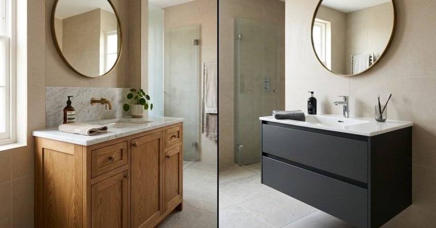 A split-image comparison of bathroom vanity styles, featuring a traditional freestanding light oak vanity with a marble top and brass wall faucet on the left, and a modern floating matte charcoal vanity with an integrated white basin and chrome tap on the right