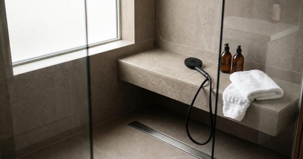 Modern walk-in shower featuring floating tiled bench, matte black handheld sprayer, white folded towel, and linear floor drain