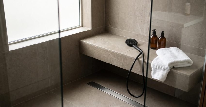 Modern walk-in shower featuring floating tiled bench, matte black handheld sprayer, white folded towel, and linear floor drain