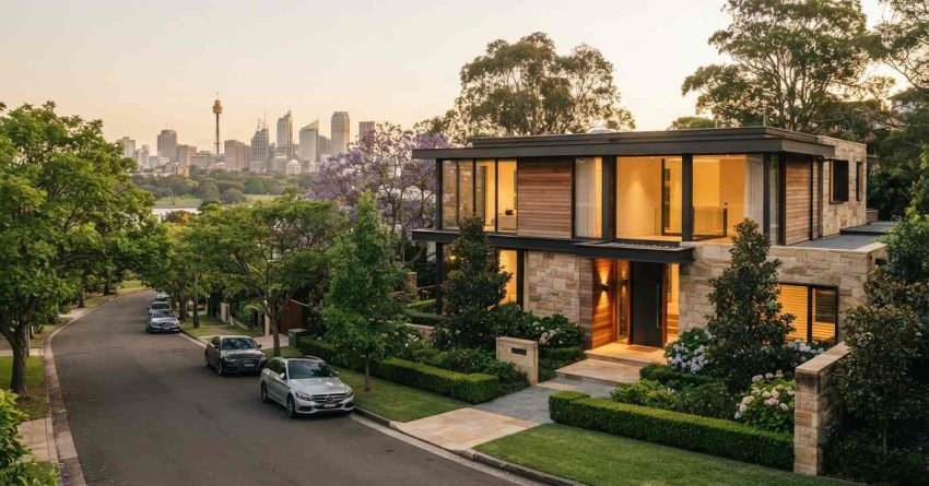 Modern luxury two-story home with stone facade and large glass windows overlooking a quiet suburban street with the Sydney skyline in the background
