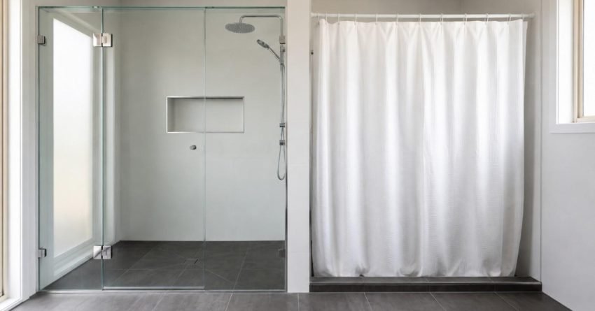 Side by side bathroom comparison showing a modern glass door walk-in shower next to a shower curtain enclosure