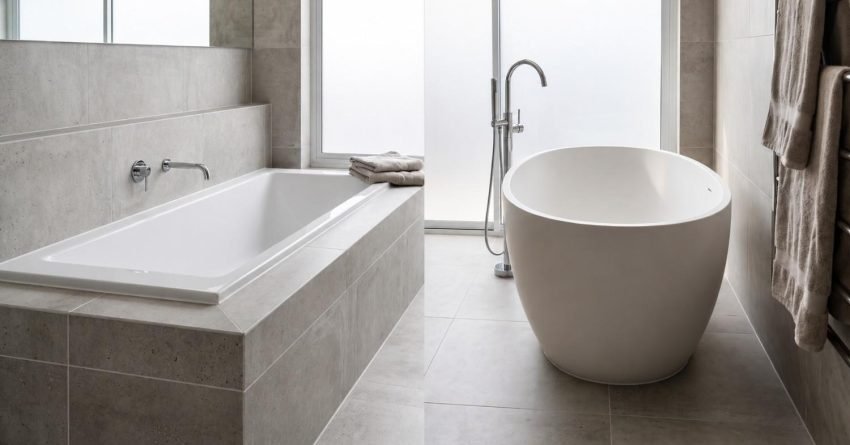 Side by side comparison of a built-in drop-in bathtub in grey tiled surround on left and a freestanding oval soaking tub with floor-mounted faucet on right