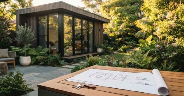 House keys with a leather fob and rolled architectural floor plans resting on an outdoor teak table facing a modern detached granny flat ADU in a lush backyard