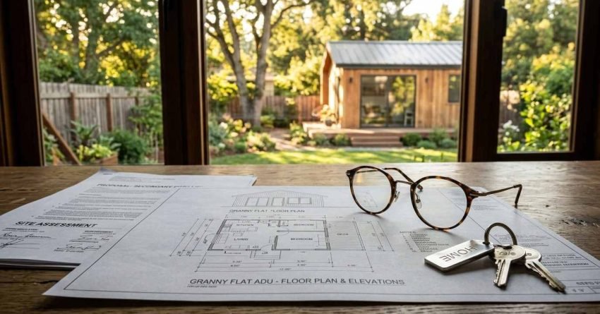 Granny flat floor plan blueprints, tortoise-shell eyeglasses, and a set of house keys on a wooden table looking out a window at a finished detached wooden ADU in the backyard