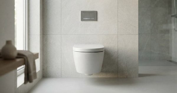 Wall-hung modern white ceramic toilet with dual-flush plate mounted on large light grey porcelain tile wall in a minimalist bathroom
