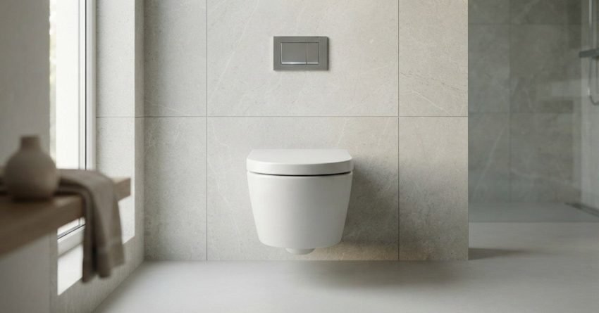 Wall-hung modern white ceramic toilet with dual-flush plate mounted on large light grey porcelain tile wall in a minimalist bathroom