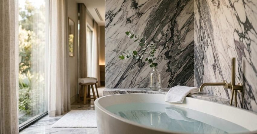 White oval freestanding soaking bathtub filled with water set against a dramatic dark-veined marble wall with a brass wall-mounted faucet