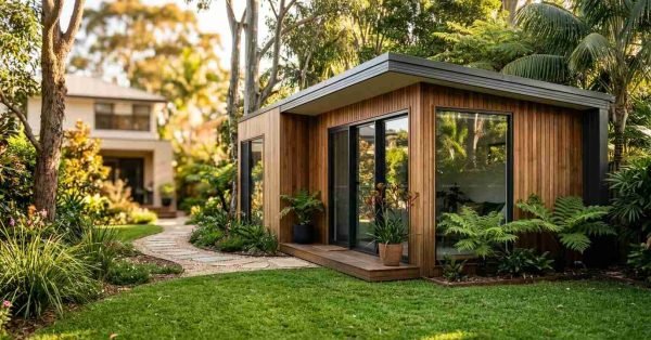 A modern timber-clad granny flat ADU with large picture windows and sliding glass doors, nestled beside a winding stone garden path in a lush, sunlit suburban backyard