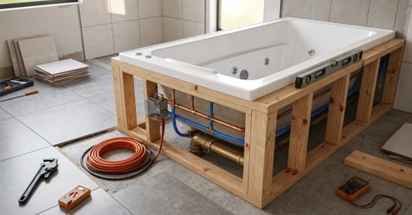 White whirlpool jetted bathtub installed in a custom timber frame showing copper and blue PEX plumbing lines, electrical wiring, and spirit level