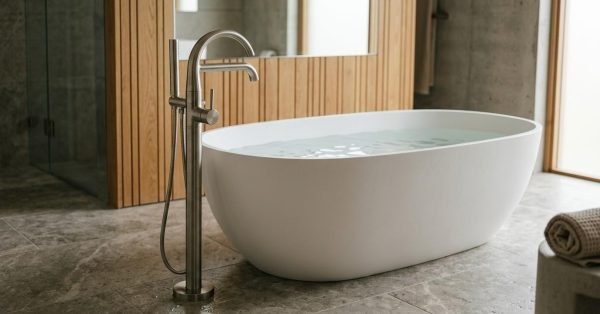 Floor-mounted brushed nickel bathtub mixer faucet with handheld sprayer beside a white oval freestanding soaking tub