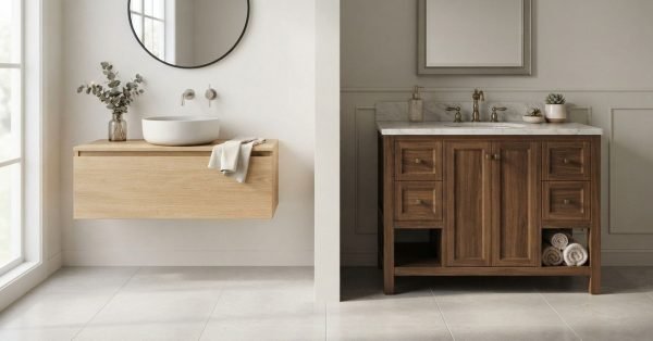 A split-style comparison of bathroom vanity designs, featuring a minimalist floating light wood vanity with a vessel sink on the left and a freestanding traditional dark walnut vanity with a marble countertop on the right