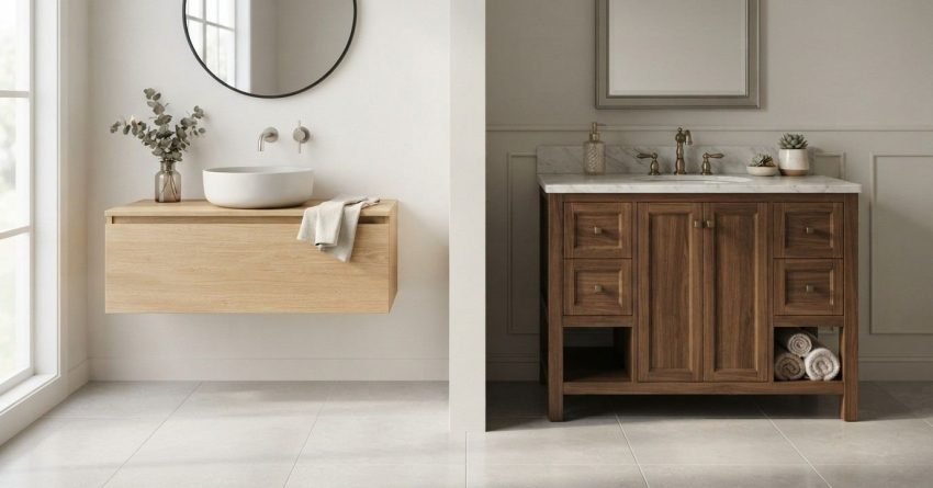 A split-style comparison of bathroom vanity designs, featuring a minimalist floating light wood vanity with a vessel sink on the left and a freestanding traditional dark walnut vanity with a marble countertop on the right