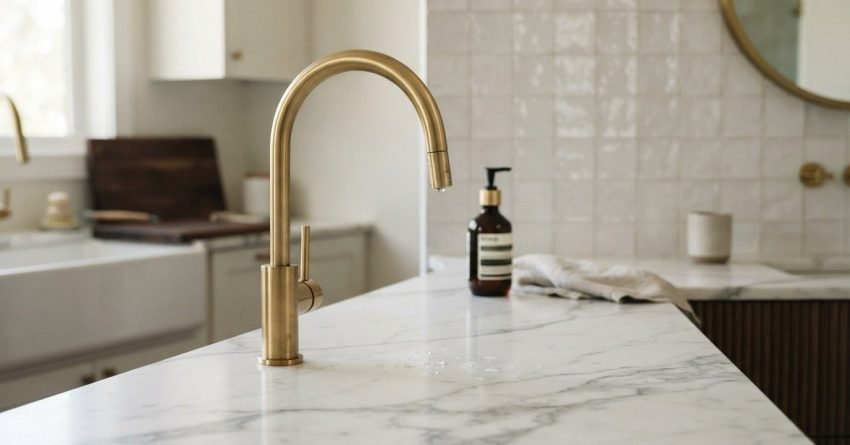 A brushed brass gooseneck faucet dripping water droplets onto a white veined marble countertop, with a brown hand soap bottle, folded linen towel, and square textured wall tiles in a bright modern kitchen