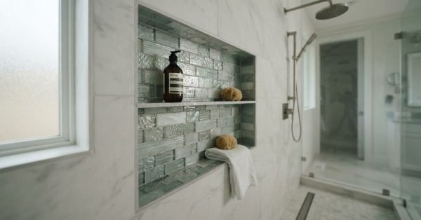 Recessed shower niche with built-in shelf lined with seafoam green glass mosaic subway tiles against white Carrara marble wall tiles