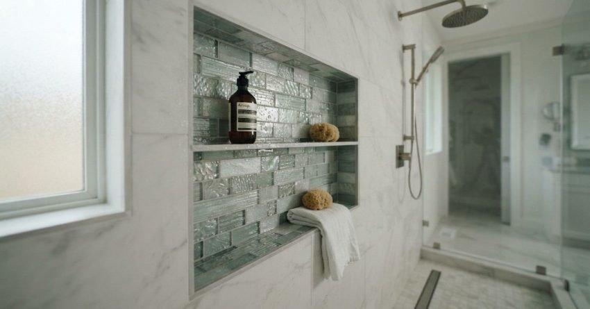 Recessed shower niche with built-in shelf lined with seafoam green glass mosaic subway tiles against white Carrara marble wall tiles