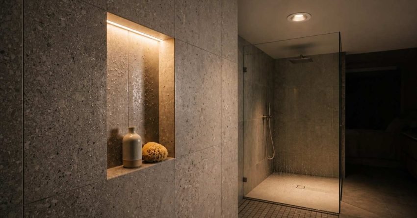 Illuminated recessed shower niche with warm LED strip lighting in terrazzo tile wall next to glass walk-in shower