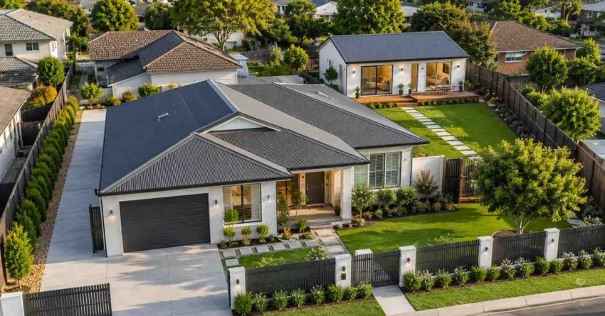Aerial view of an Australian suburban property with a detached granny flat positioned behind the main residence, showing a compliant site layout, private access, landscaping, and efficient residential land use.