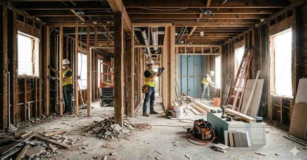 House interior fully stripped during gut renovation with exposed studs, wiring, and contractors rebuilding the structure