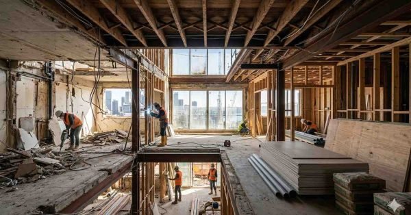 Sydney home undergoing gut renovation with stripped interior, exposed structure, and contractors rebuilding from scratch