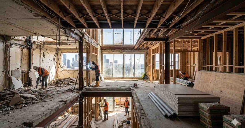 Sydney home undergoing gut renovation with stripped interior, exposed structure, and contractors rebuilding from scratch