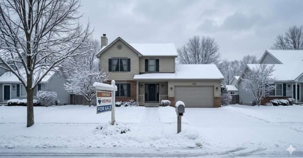 house for sale in winter with snow showing slow real estate market and low buyer activity