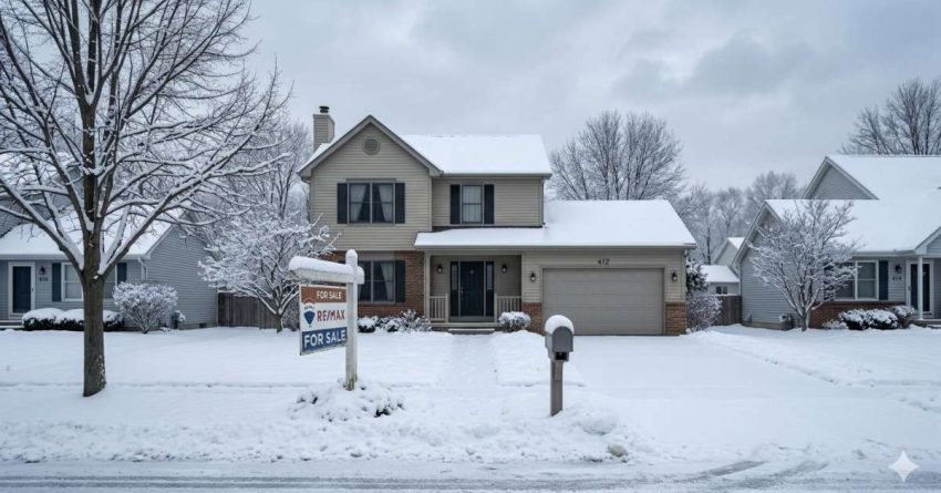house for sale in winter with snow showing slow real estate market and low buyer activity