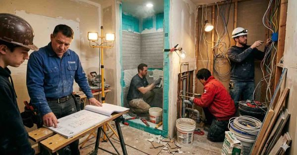 Bathroom renovation showing complex plumbing, wiring, and multiple workers in a tight space highlighting renovation difficulty