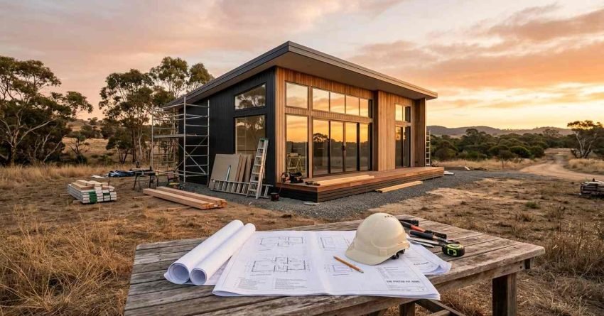 A prefabricated modern cabin under construction at sunset in a rural landscape, with architectural blueprints, a hard hat, and tools laid out on a foreground wooden worktable