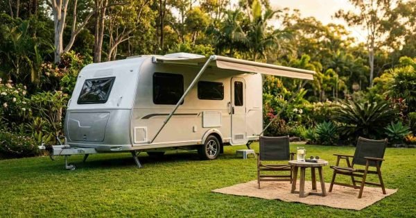 A compact white travel caravan with an extended sun awning parked on a lush green lawn, featuring an outdoor rug, wooden coffee table, and folding camp chairs in front of a tropical garden