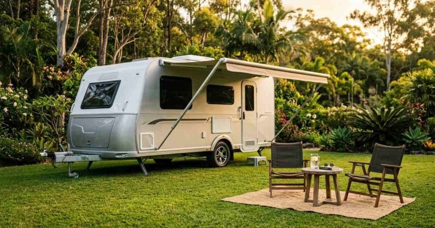 A compact white travel caravan with an extended sun awning parked on a lush green lawn, featuring an outdoor rug, wooden coffee table, and folding camp chairs in front of a tropical garden